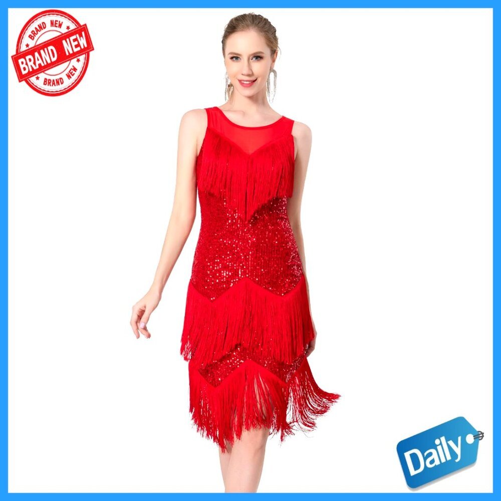 Sequin Fringe Dance Dress with Built-in Pads, Gloves, Shorts, Neckwear